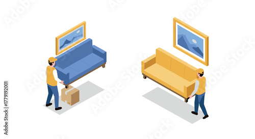 Isometric delivery service with furniture and couriers in a modern interior setting