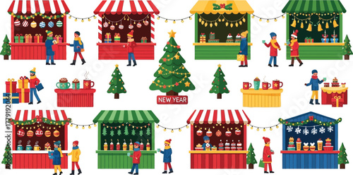 Christmasmarketwithstallsandpeopleisolatedonwhitebackground