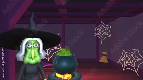 Witch in magic hut brews a potion in a cauldron. Spooky Halloween, human skull with a burning candle and stove