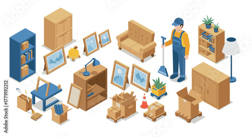 Isometric home moving scene with furniture and cardboard boxes