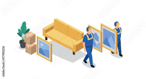 Isometric moving team with sofa and artwork in minimalist setting