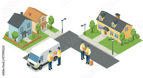 Isometric urban delivery scene with homes and delivery crew