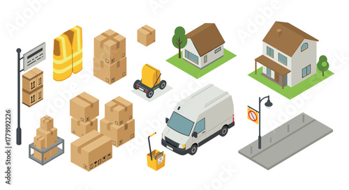 Isometric logistics and delivery elements with boxes and transport