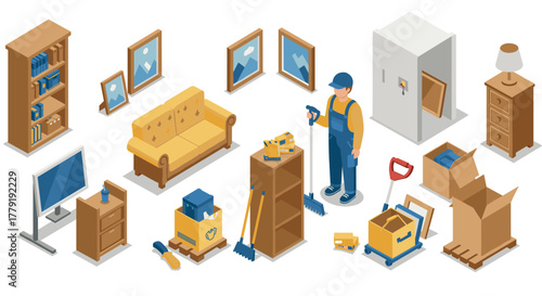 Isometric home moving scene with furniture and packer