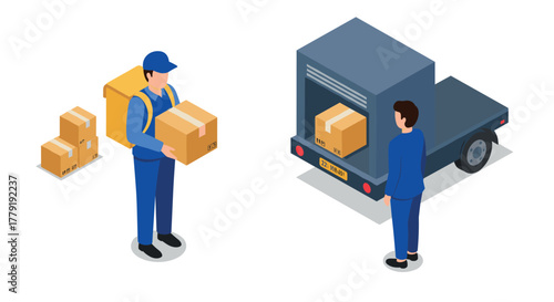Isometric delivery concept with courier and client near van and packages