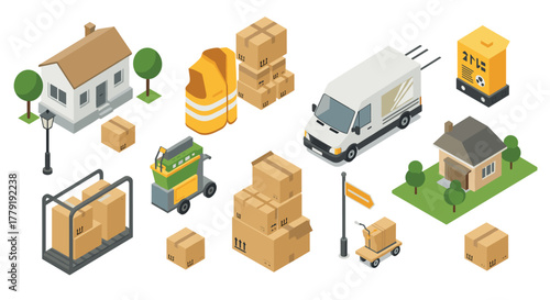 Isometric logistics elements with packages and delivery vehicles