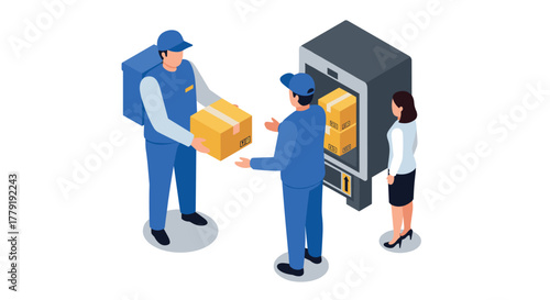 Isometric delivery workers and automated locker in urban logistics scene