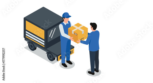 Efficient delivery service concept with isometric courier handing parcel to customer