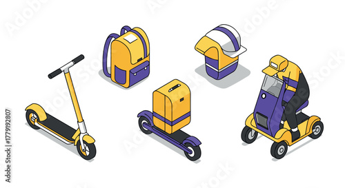 Urban delivery essentials in modern isometric design for escooters and gear