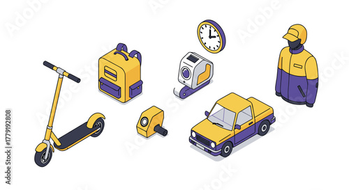 Urban commuting essentials in isometric style scooter, car, and accessories