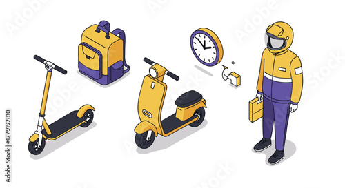 Isometric delivery concept with scooter, backpack, and rider in yellow and purple gear