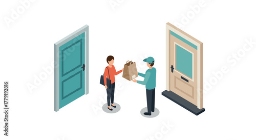 Isometric delivery scene with person receiving package at home