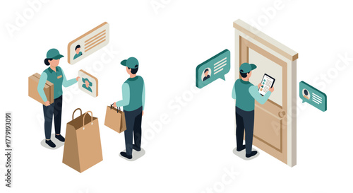 Isometric delivery person interacting with customer and confirming package at door