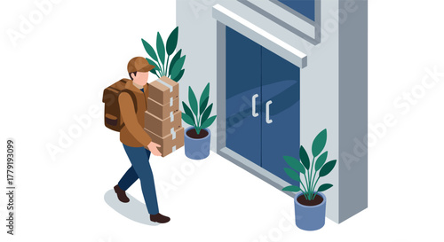 Delivery person bringing packages to building entrance in isometric style