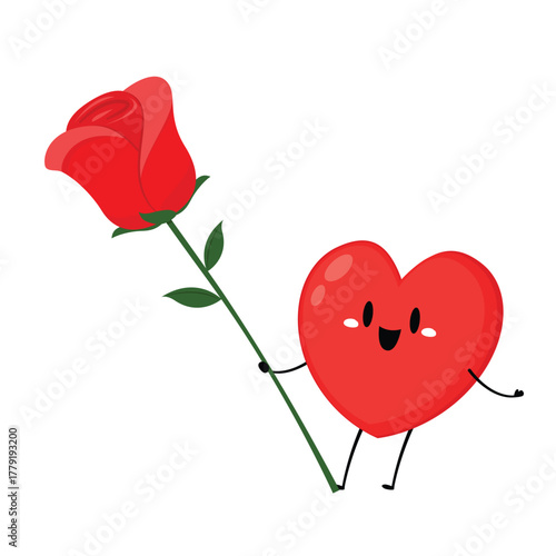 Heart character design. Heart and Rose in Valentine's day. Valentine cartoon mascot. Romantic flat style Valentine's Day illustrations to express feelings of love.