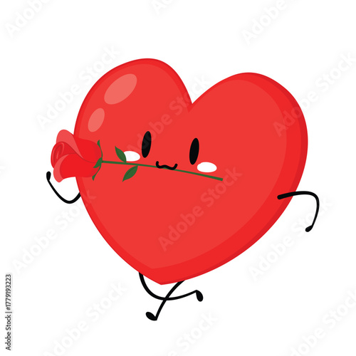 Heart character design. Heart and Rose in Valentine's day. Valentine cartoon mascot. Romantic flat style Valentine's Day illustrations to express feelings of love.