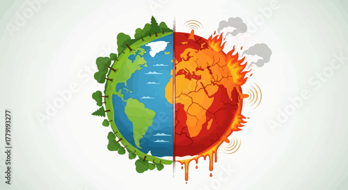 The stark contrast of Earth's climate one side vibrant and green, the other consumed by fire and drought
