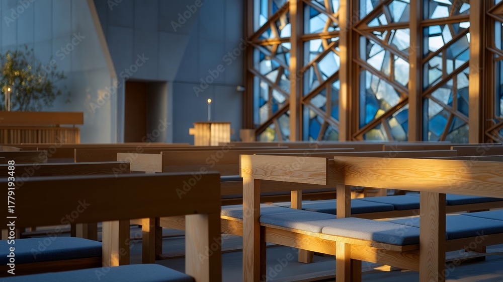 Obraz premium Empty modern chapel with sunlight streaming through geometric stained glass windows onto minimalist benches, evoking serenity, reflection, and architectural beauty in sacred memorial spaces.