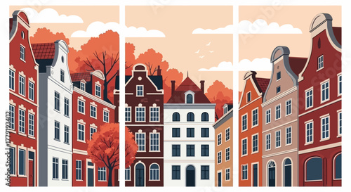 Dutch Street View A Charming Triptych of Historic Architecture and Autumnal Beauty