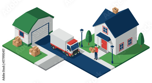 Isometric delivery scene with truck and worker at suburban houses