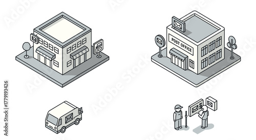 Isometric postal services concept with post office and mail delivery elements