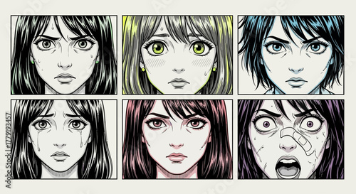 A powerful illustrated set of a woman's face showing a wide range of emotions in a dramatic comic book and manga style