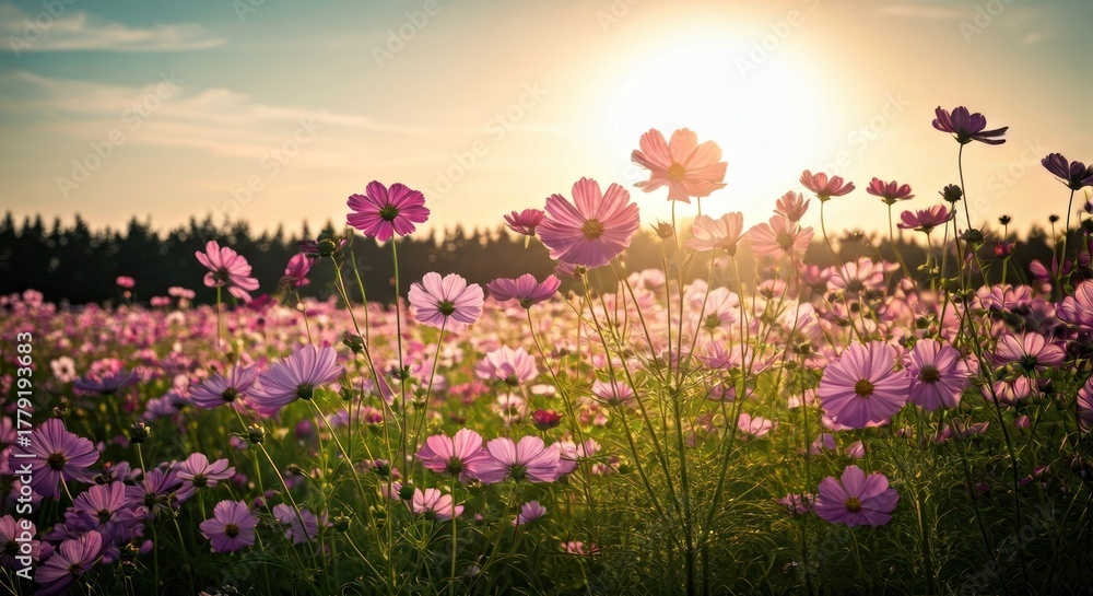 Fototapeta premium A field of pink cosmos flowers blooms under a golden sun setting over trees