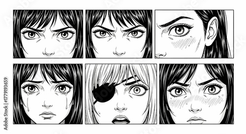 Anime Eyes Collection A Variety of Emotional Expressions in Black and White