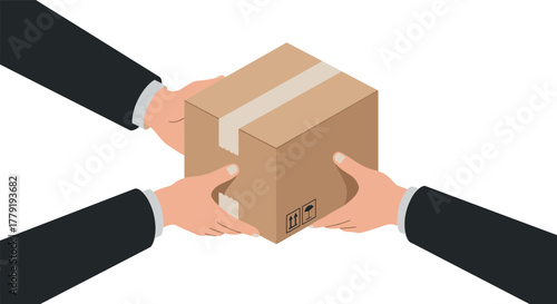 Collaborative delivery concept with hands passing a cardboard package