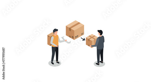 Efficient isometric shipping concept with cartoon characters exchanging packages