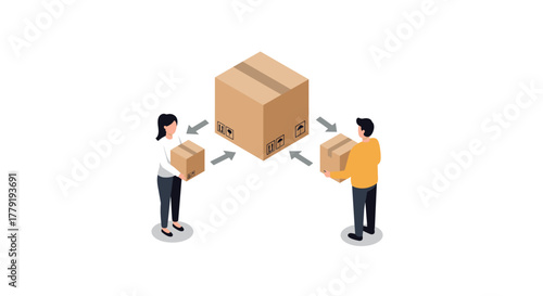 People exchanging packages in isometric style with delivery concept