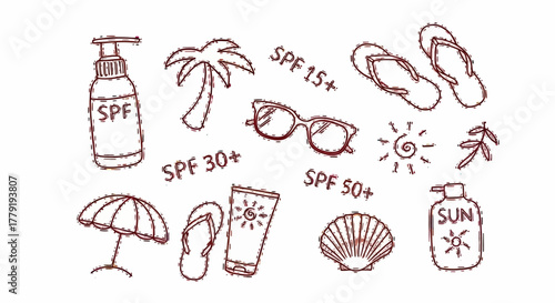 Playful hand-drawn vector elements for summer holidays and sun safety, including various SPF sunscreens, beach accessories, and tropical symbols