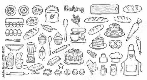 Hand-drawn collection of baking elements, featuring kitchen utensils like a whisk, ingredients, and various delicious pastries in a sketch style