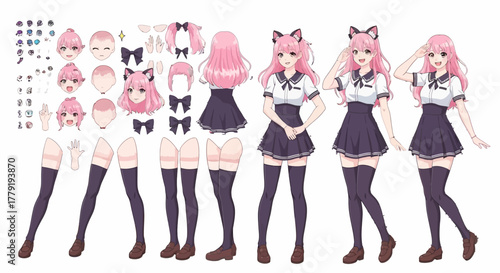Anime Girl Character Design with Interchangeable Parts for Animation and Avatar Creation