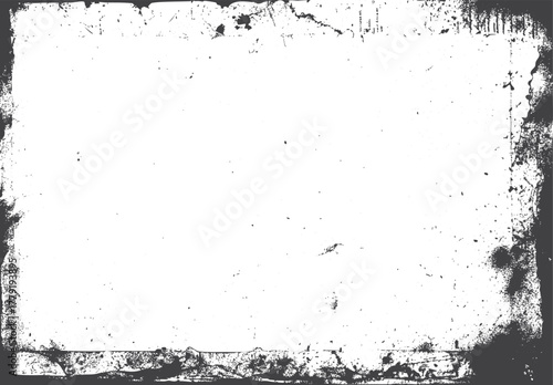 Black and white distressed grunge texture overlay with scattered speckles and rough edges on a white background