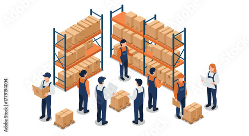 Warehouse team organizing and managing inventory isometrically