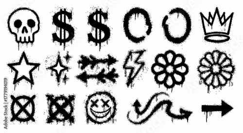 Graffiti Style Icons Skull, Dollar Sign, Crown, Star, Lightning Bolt, Flower, Smiley Face, Arrows, and More