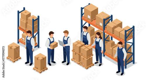 Warehouse team organizing boxes on shelves in isometric style