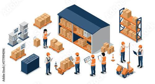 Warehouse team managing inventory with technology in isometric style