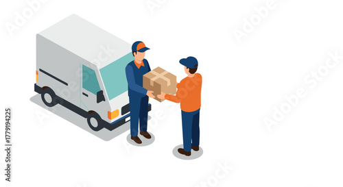 Isometric delivery scene with courier and customer exchanging package beside van