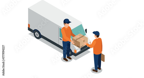 Delivery team unloading boxes from truck in isometric design with white background