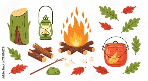 Outdoor Camping and Bonfire Scene with Autumn Leaves, Lantern, and Cooking Pot