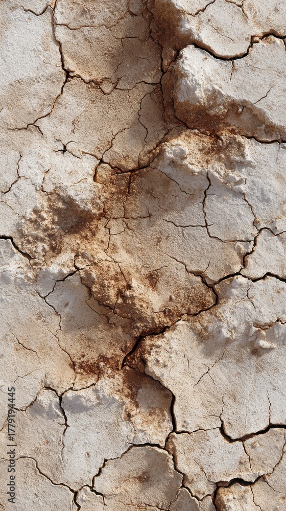 Fototapeta premium A close-up view of cracked, dry soil, showcasing a textured surface with varying shades of brown and cream, illustrating the effects of drought or erosion.