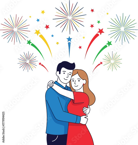 Couplehuggingunderfireworksisolatedonwhitebackgroundforcelebration