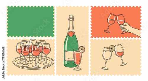 A festive collection of retro-style postage stamps featuring a sparkling wine bottle, mixed drinks, and toasting glasses for a celebration