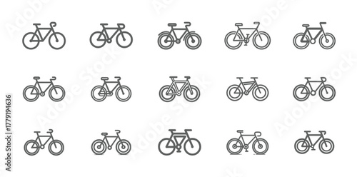 Collection of fifteen diverse bicycle icons with minimalist and modern design