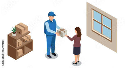 Isometric delivery scene with courier and customer in office setting