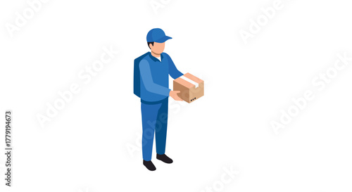 Delivery worker holding package in isometric design