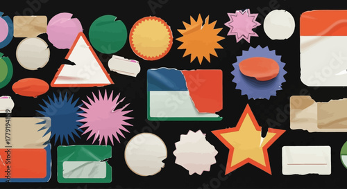 Assorted collection of colorful and textured paper stickers, labels, and torn tape pieces for creative graphic design projects with a vintage aesthetic
