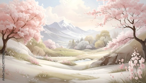 Pastel landscape with cherry blossoms and snow-covered slopes leading to a valley, framed by flowering trees and mountains